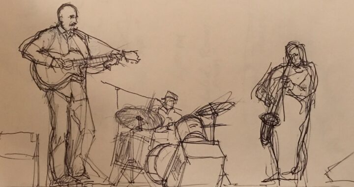 Pencil sketch of three musicians performing